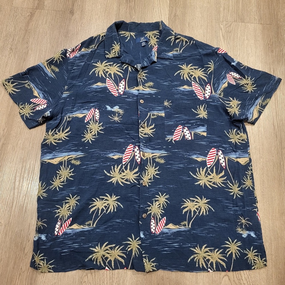 George Navy Floral Button Front Hawaiian Shirt‎ Men's Size XL 100% Rayon